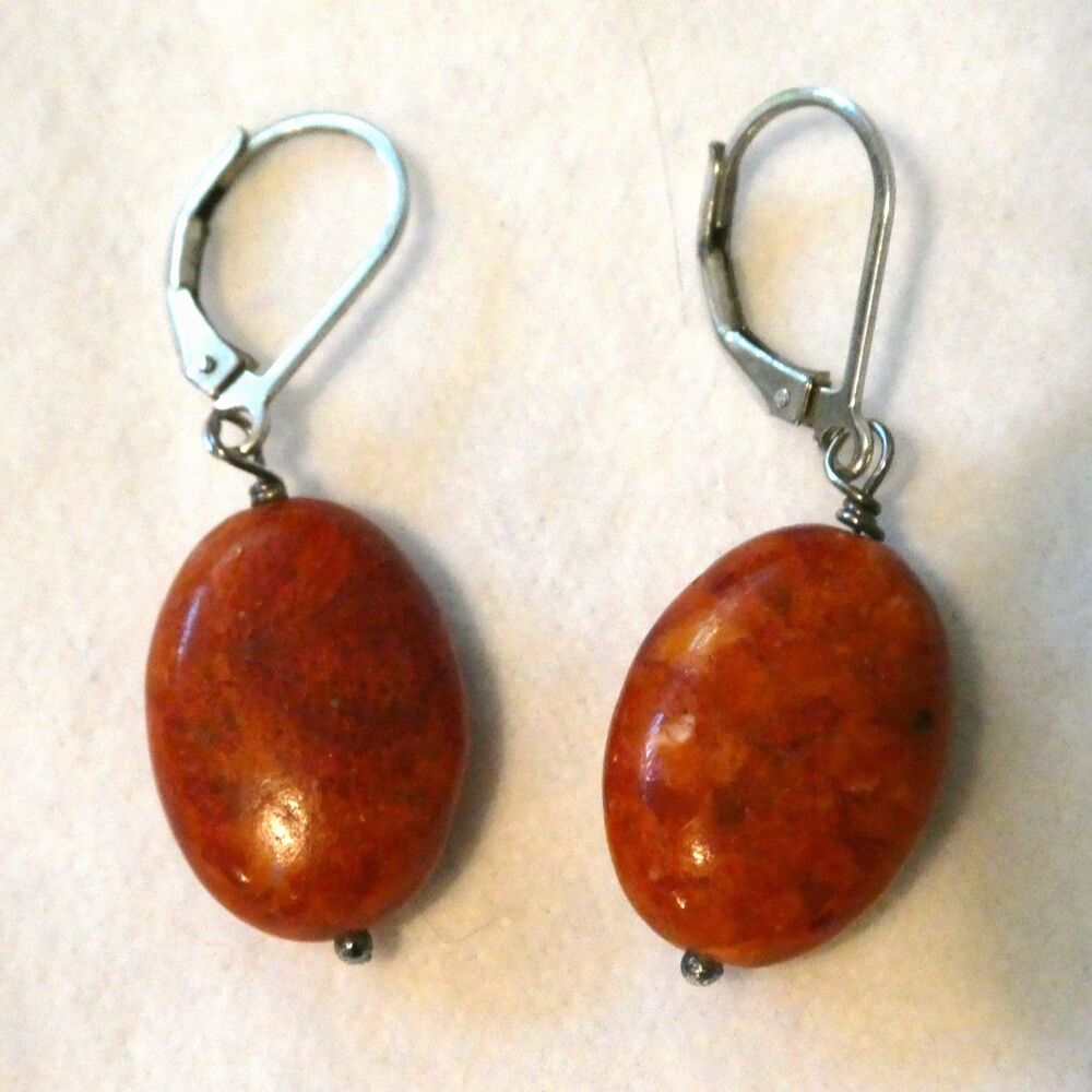 Vintage Sterling Silver 925 Natural Red Carnelian or Coral Oval Drop Earrings